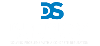 A blue and white logo for the duffie driveway solutions.