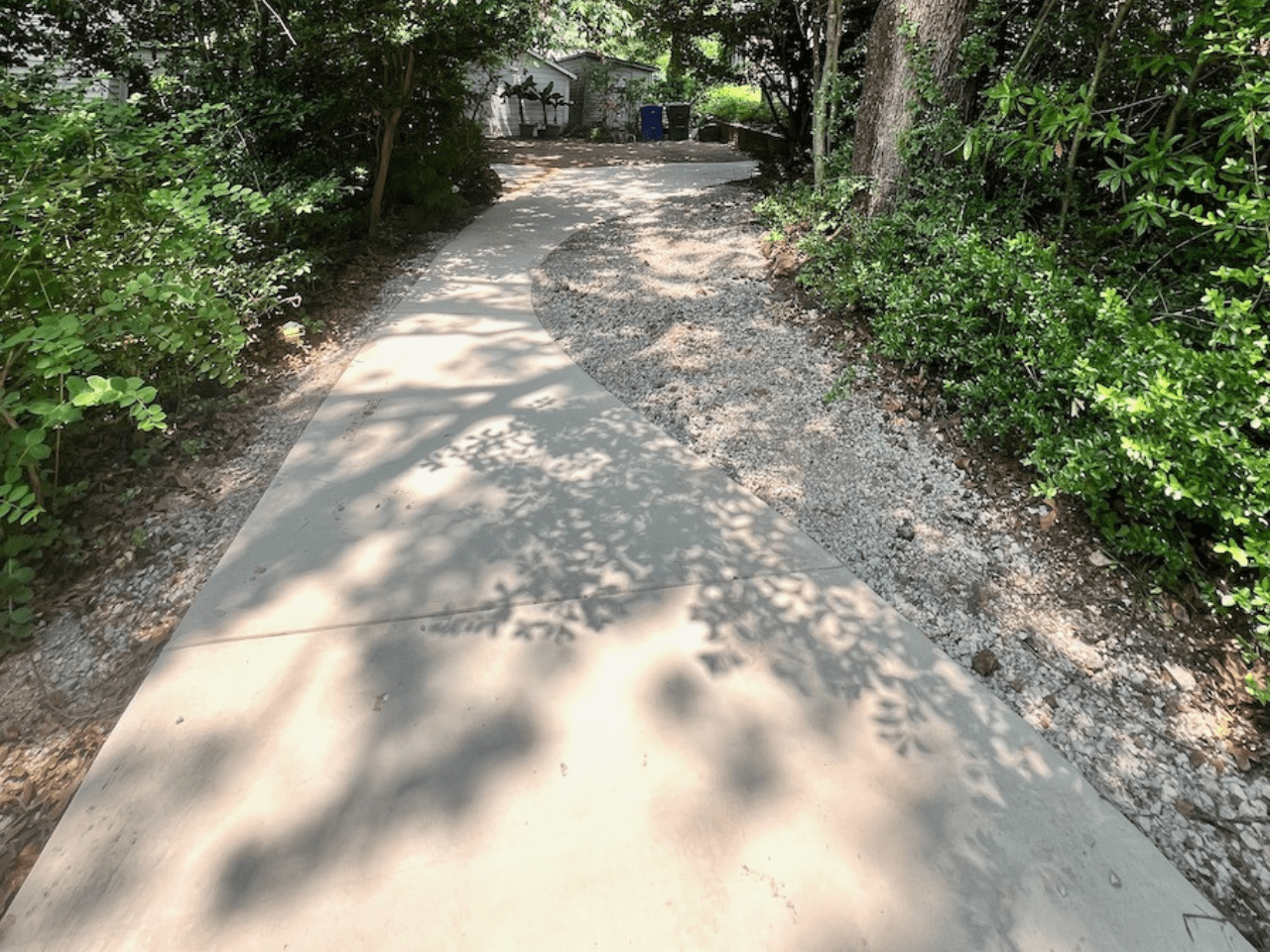 A path with trees and bushes in the background.